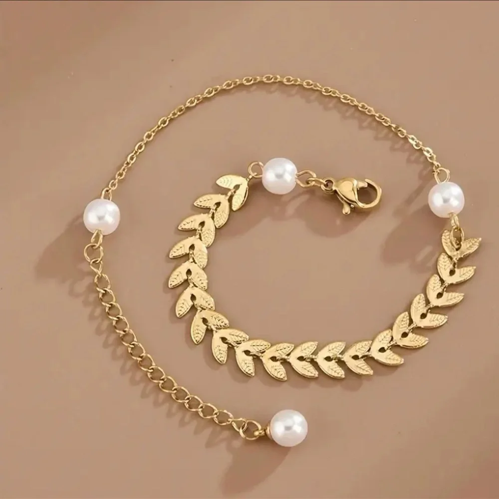 Gold Leaf Pearl Bracelet/Anklet | Delicate Wheat Chain Adjustable